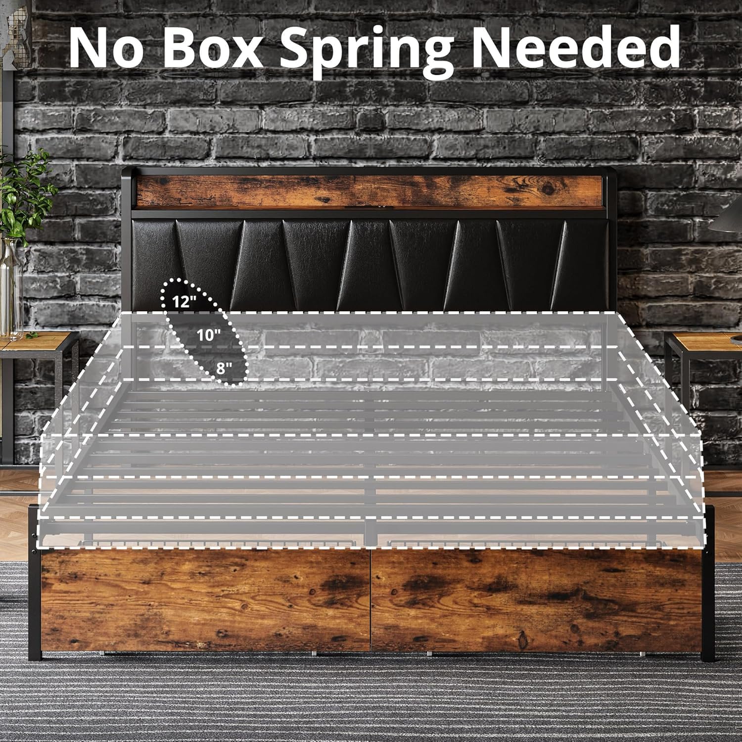 LIKIMIO Full Size Bed Frame, Storage Headboard with Charging Station, Platform Bed with Drawers, No Box Spring Needed, Easy Assembly, Industrial Brown and Black