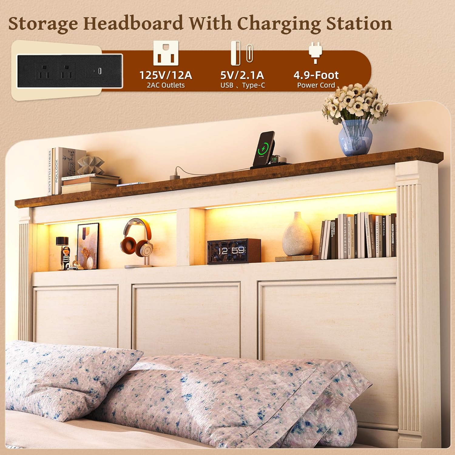 King Size Bed Frame with 53' Tall Headboard, Farmhouse Platform Bed Frame with Roman Column Decoration Footboard & 2 Storage Drawers, LED Built in Charging Station, No Box Spring Needed（Rust White)