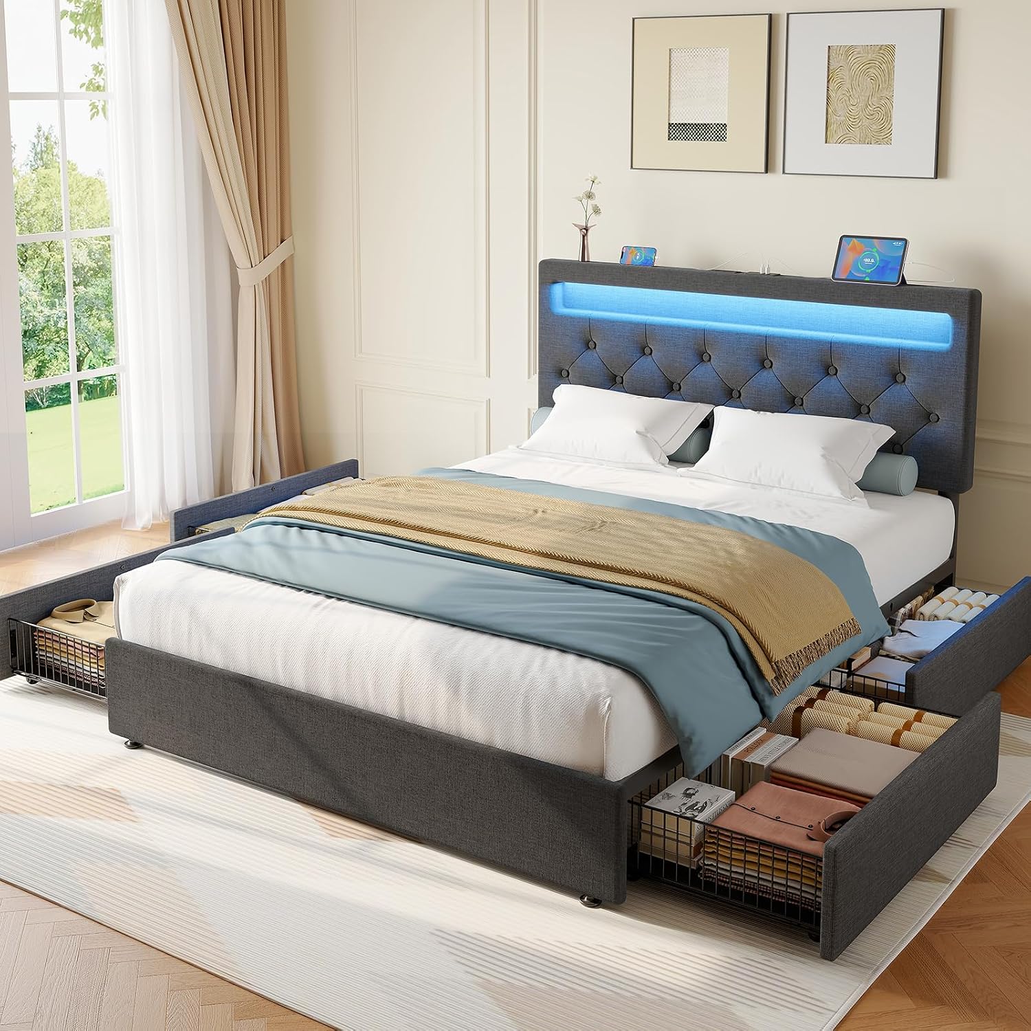Rolanstar Queen Bed Frame with 4 Storage Drawers and Charging Station, Queen Bed with Led Lights, 2 USB & 1 Type C, Adjustable Headboard 38.9/40.9 Inches, No Box Spring Needed, Grey