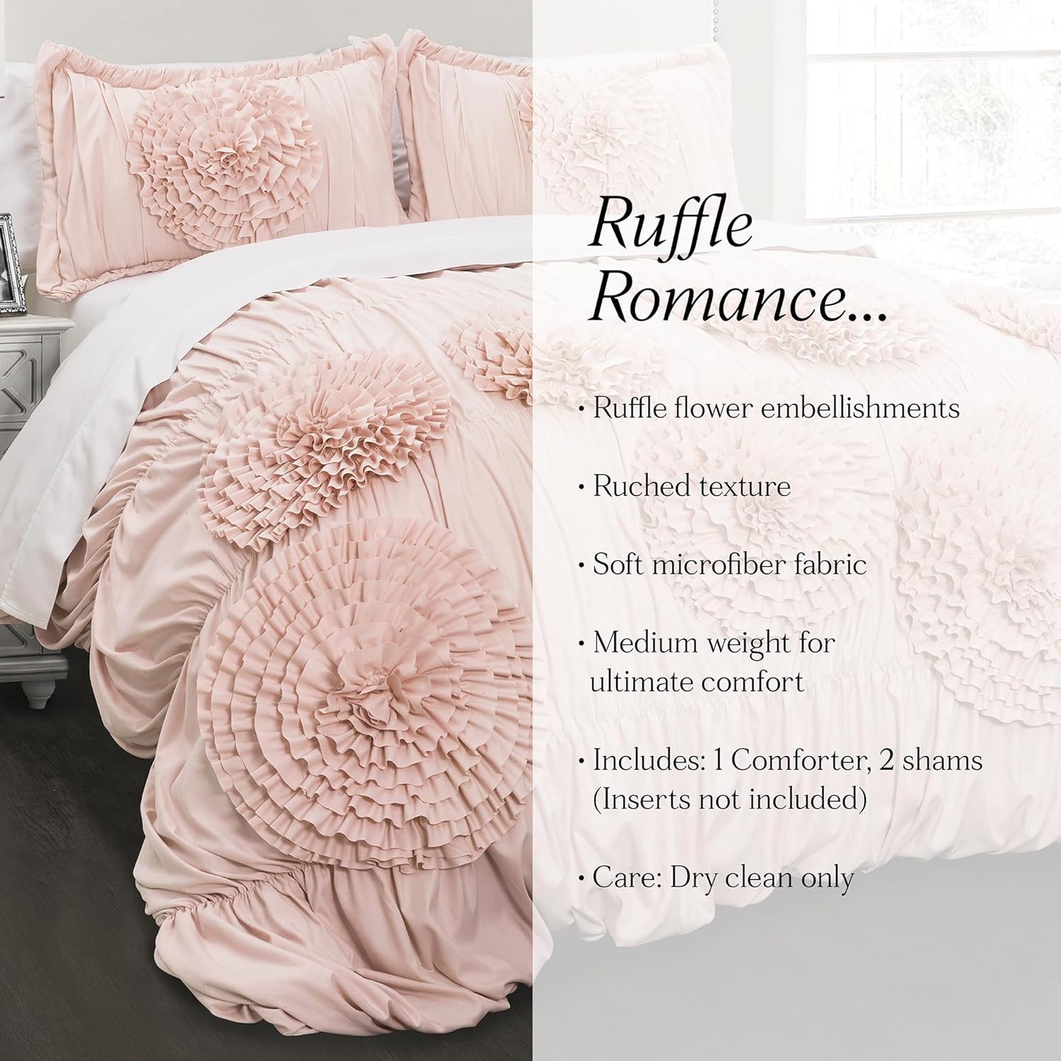 Lush Decor Serena Comforter Set, 3 Piece Set, Full/ Queen, Blush - Pink Bedding Set Queen - Cute Comforter Queen Size - Coquette Decor