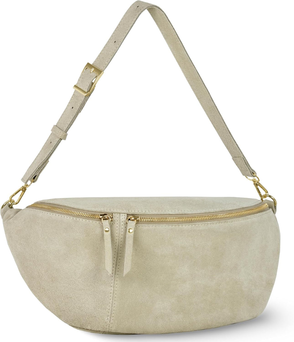 Italian Genuine Suede Crossbody Bag for Women with Zipper & Detachable Strap | Large Travel Chest Sling Fanny Pack (Beige)