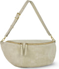 Italian Genuine Suede Crossbody Bag for Women with Zipper & Detachable Strap | Large Travel Chest Sling Fanny Pack (Beige)