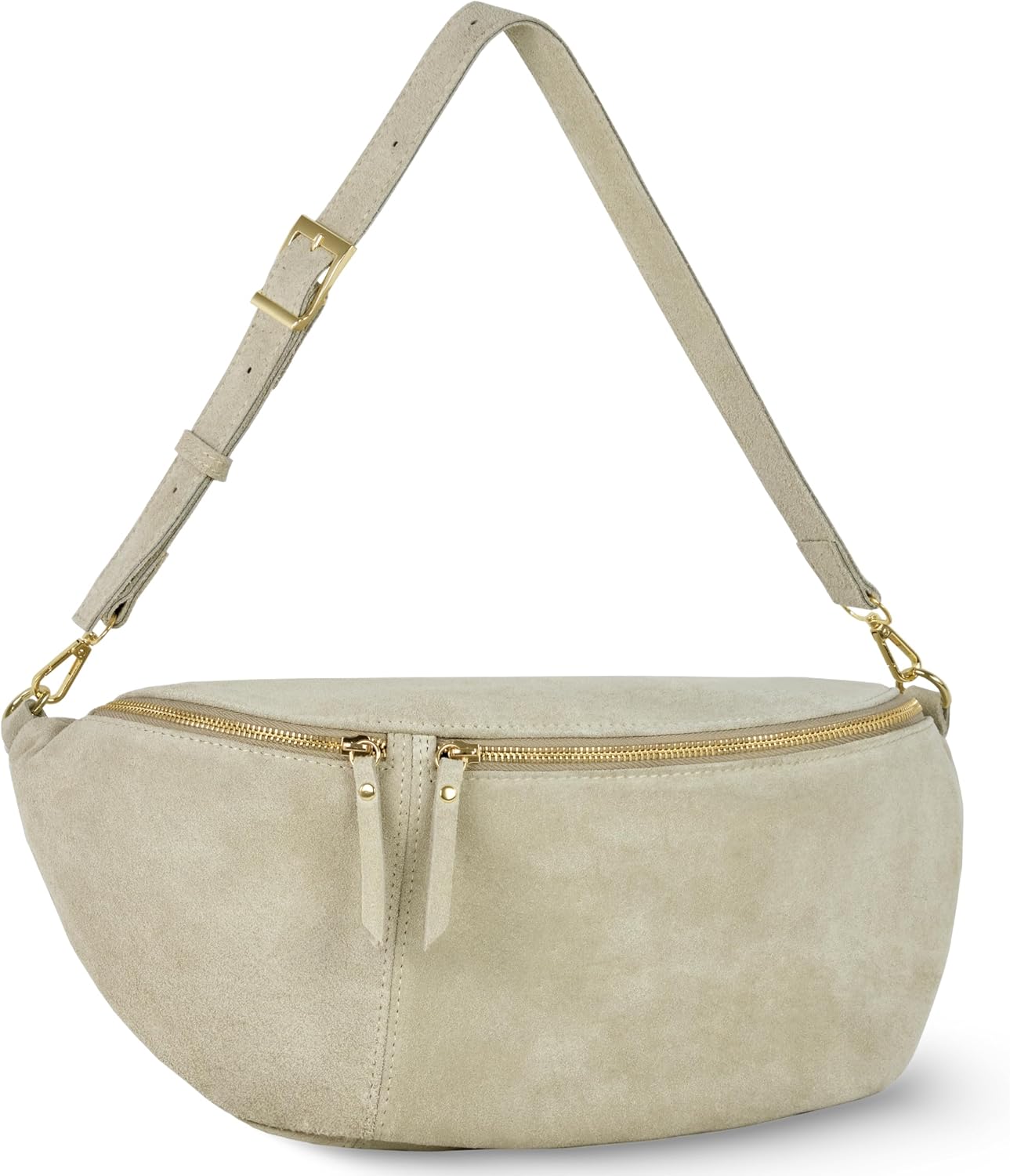 Italian Genuine Suede Crossbody Bag for Women with Zipper & Detachable Strap | Large Travel Chest Sling Fanny Pack (Beige)