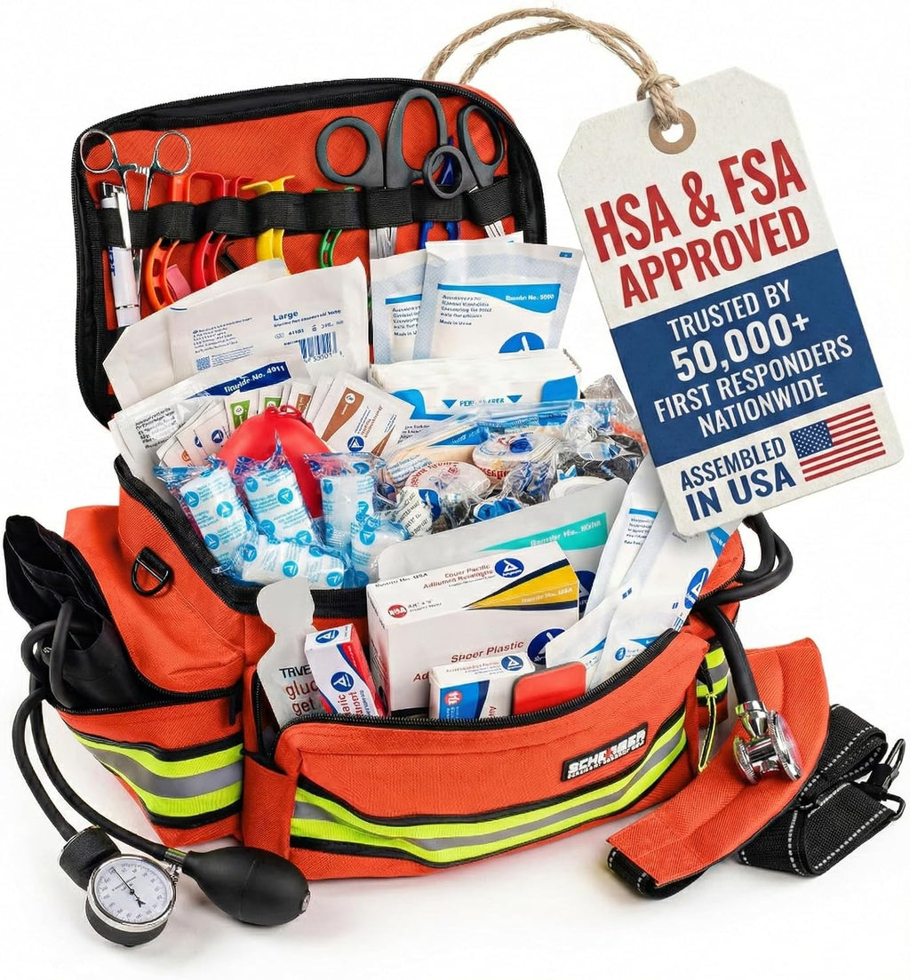 Scherber First Responder Fully-Stocked Professional Essentials EMT/EMS Trauma Kit | HSA/FSA Approved | Reflective Bag w/8 Zippered Pockets & Compartments & 200+ First Aid Supplies - Orange