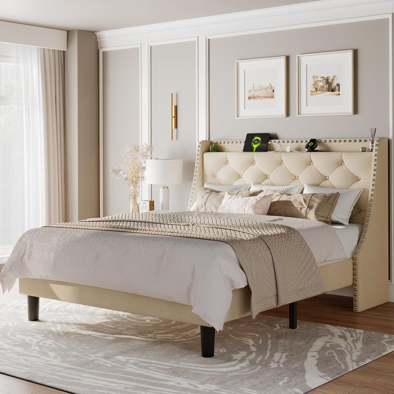 Feonase Queen Bed Frame with Luxury Wingback and Fast Charging Station,Queen Upholstered Button Tufted Storage Headboard Platform Bed,Sturdy Wooden Slats Support,Noise-Free,Easy Assembly, Beige