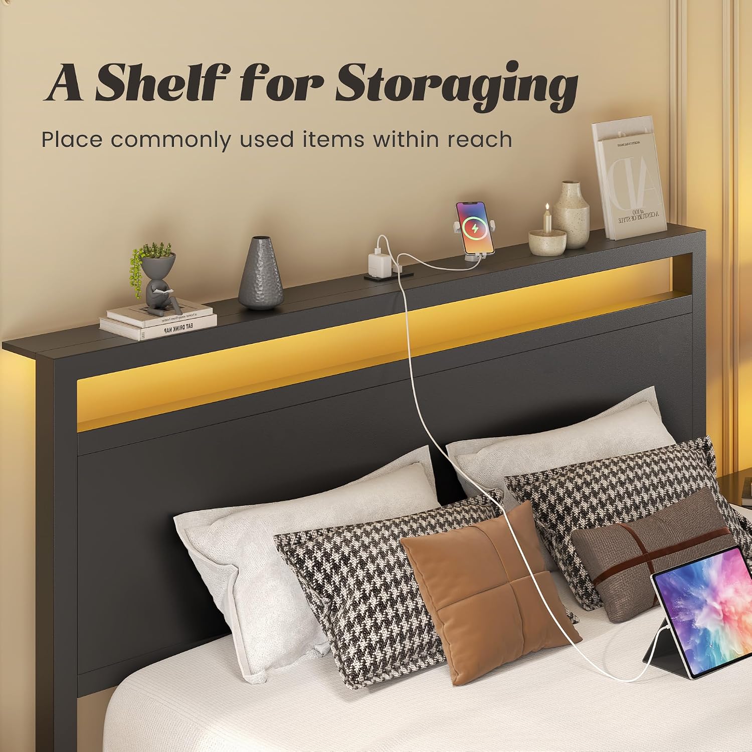 Fluest Full Bed Frame with Headboard & Footboard, Full Bed Frame with Built-in Charging Station & LED Light, Storage Shelf, Noise-Free, No Box Spring Needed, Easy Assembly, Classic Black