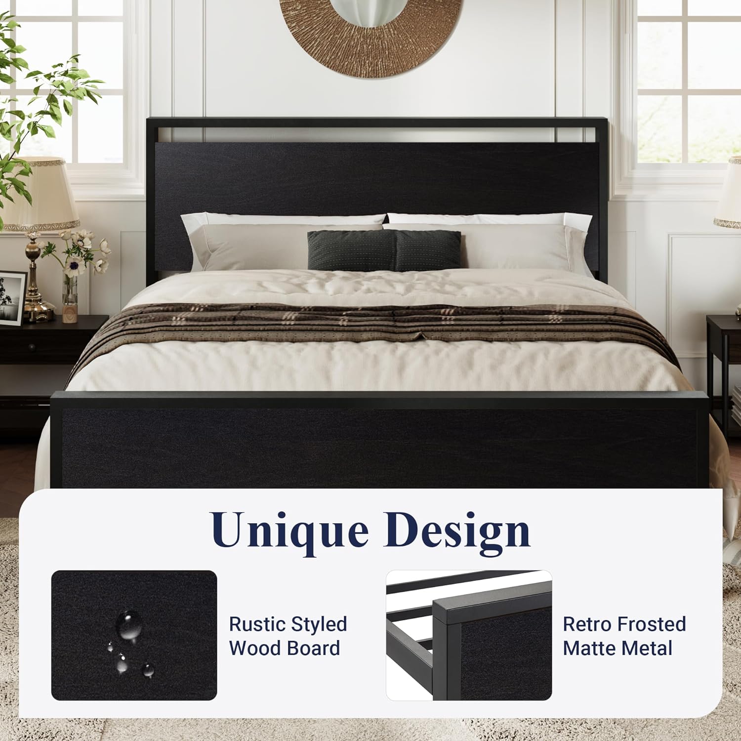 Allewie Full Size Platform Bed Frame with Wooden Headboard and Footboard, Heavy Duty 12 Metal Slats Support, No Box Spring Needed, Under-Bed Storage, Noise Free, Easy Assembly, Black Oak