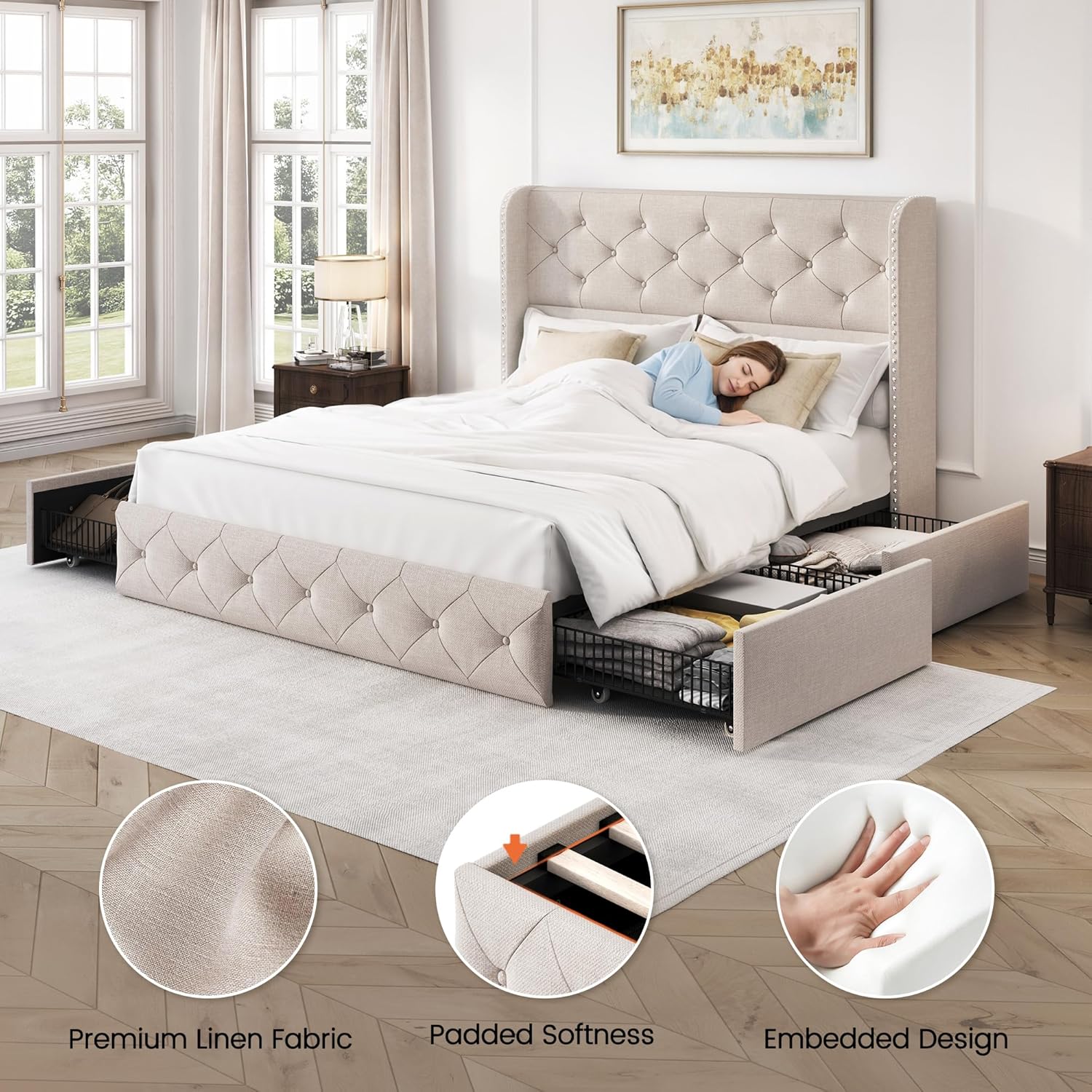 LARMACE Full Size Bed Frame with 4 Storage Drawers and Wingback Headboard Linen Upholstered Platform Bed Frame Tufted Beds with Wooden Slats Support, Easy Assembly, Beige