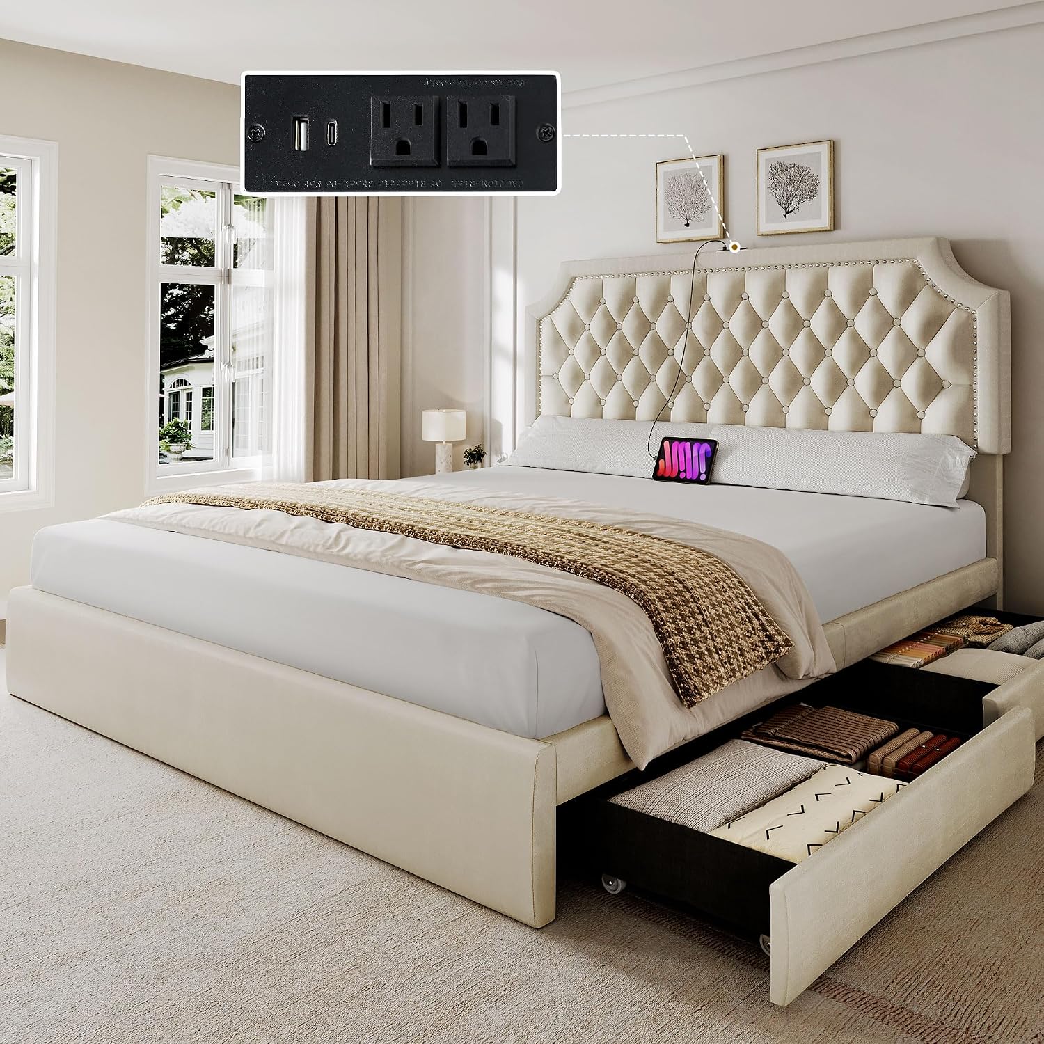 YITAHOME Full Size Bed Frame with Adjustable Headboard, 4 Storage Drawers and Charging Station, Velvet Upholstered Bed Frame with Button Tufted, No Box Spring Needed, Fast Assembly, Noise-Free, Beige