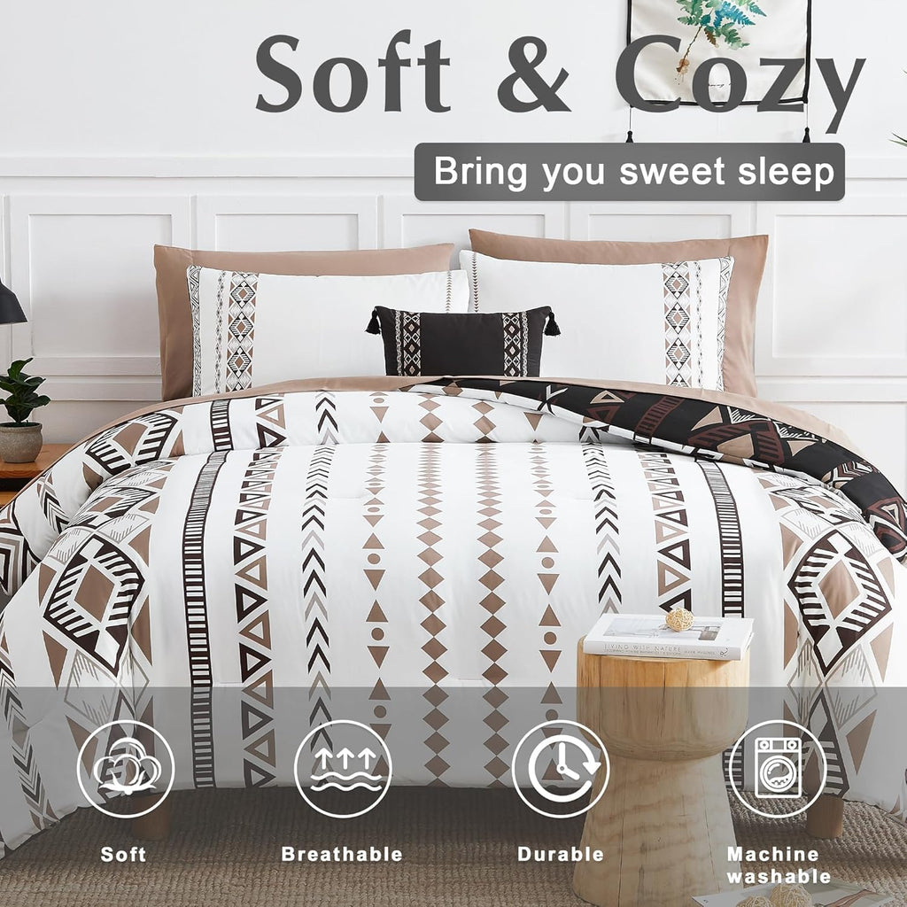 Geniospin Super King Plus Size Comforter Set- 7 Pieces Boho Bed in a Bag, Western Bedding Set for All Seasons, Reversible Aztec Bedding, Lightweight Comforter Bed Set with Sheets, Pillowcases & Shams