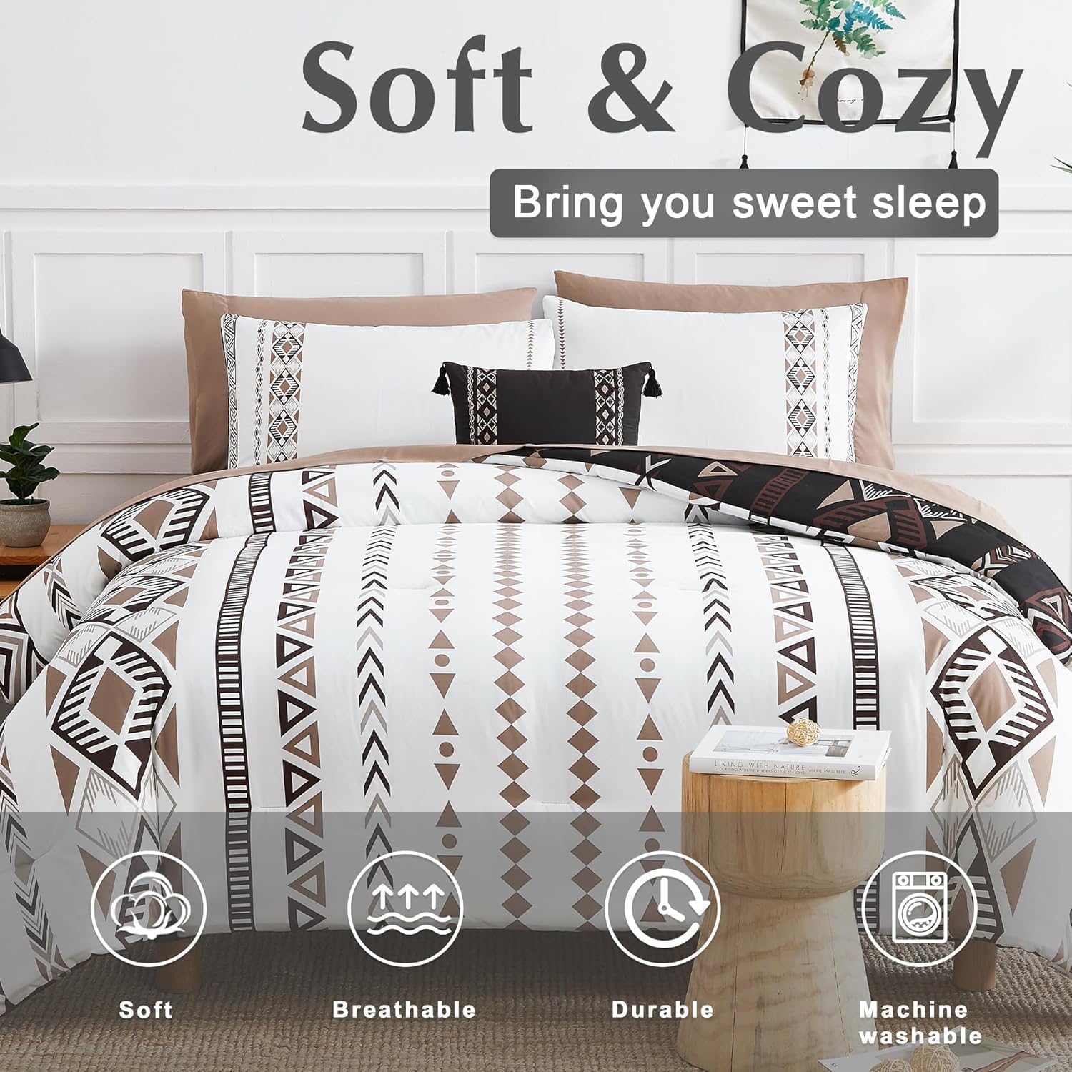 Geniospin Super King Plus Size Comforter Set- 7 Pieces Boho Bed in a Bag, Western Bedding Set for All Seasons, Reversible Aztec Bedding, Lightweight Comforter Bed Set with Sheets, Pillowcases & Shams