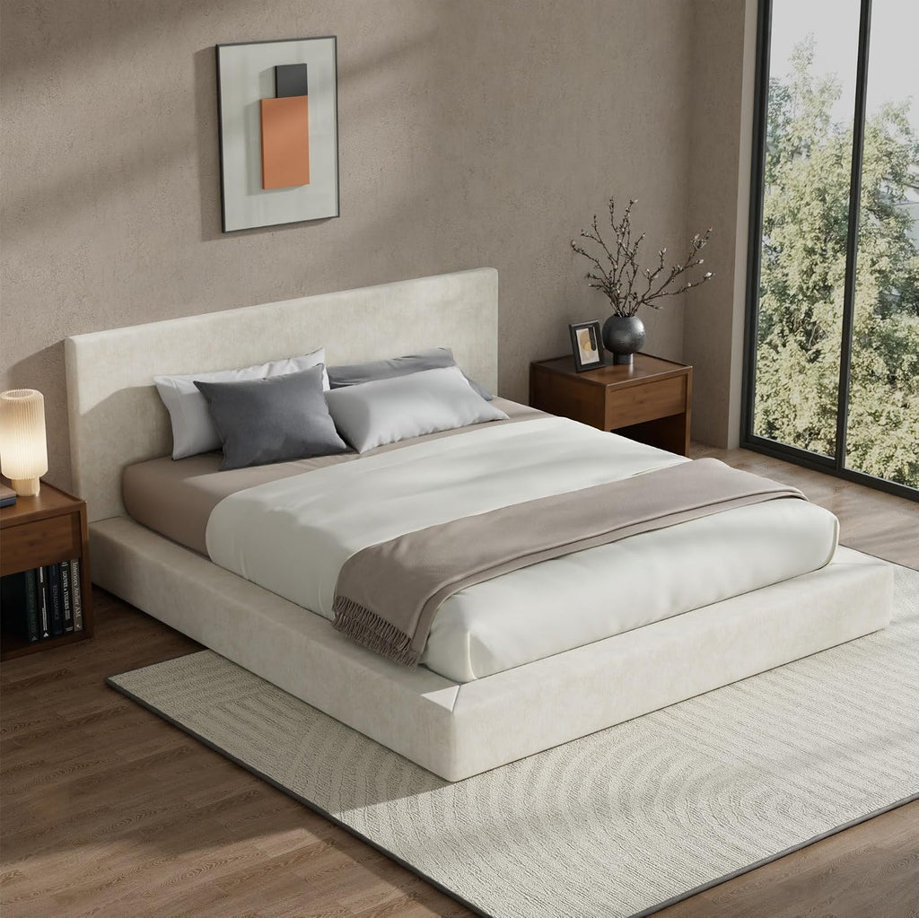 RECCI AirFrame California King Bed Frame with Headboard, Cloud Upholstered Platform Bed Frame, 5 Inch Foam Cushioned, No Box Spring, Easy Assembly(Beige Chenille)