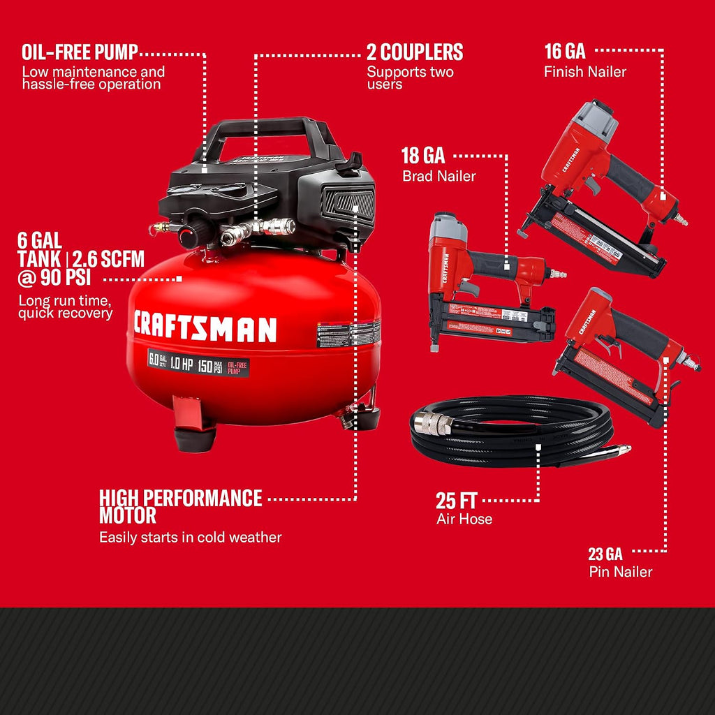 Craftsman 6-Gallon Pancake Air Compressor, 150 PSI, Oil-Free, w/ 16GA Finish, 18GA Brad & 23GA Pin Nailers, 25-Ft Hose