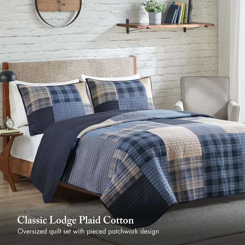 Woolrich Winter Hills Reversible Quilt Set - Cottage Styling Reversed to Solid Color, All Season Lightweight Coverlet, Cozy Bedding Layer, Matching Shams, Oversized Full/Queen, Plaid Blue 3 Piece