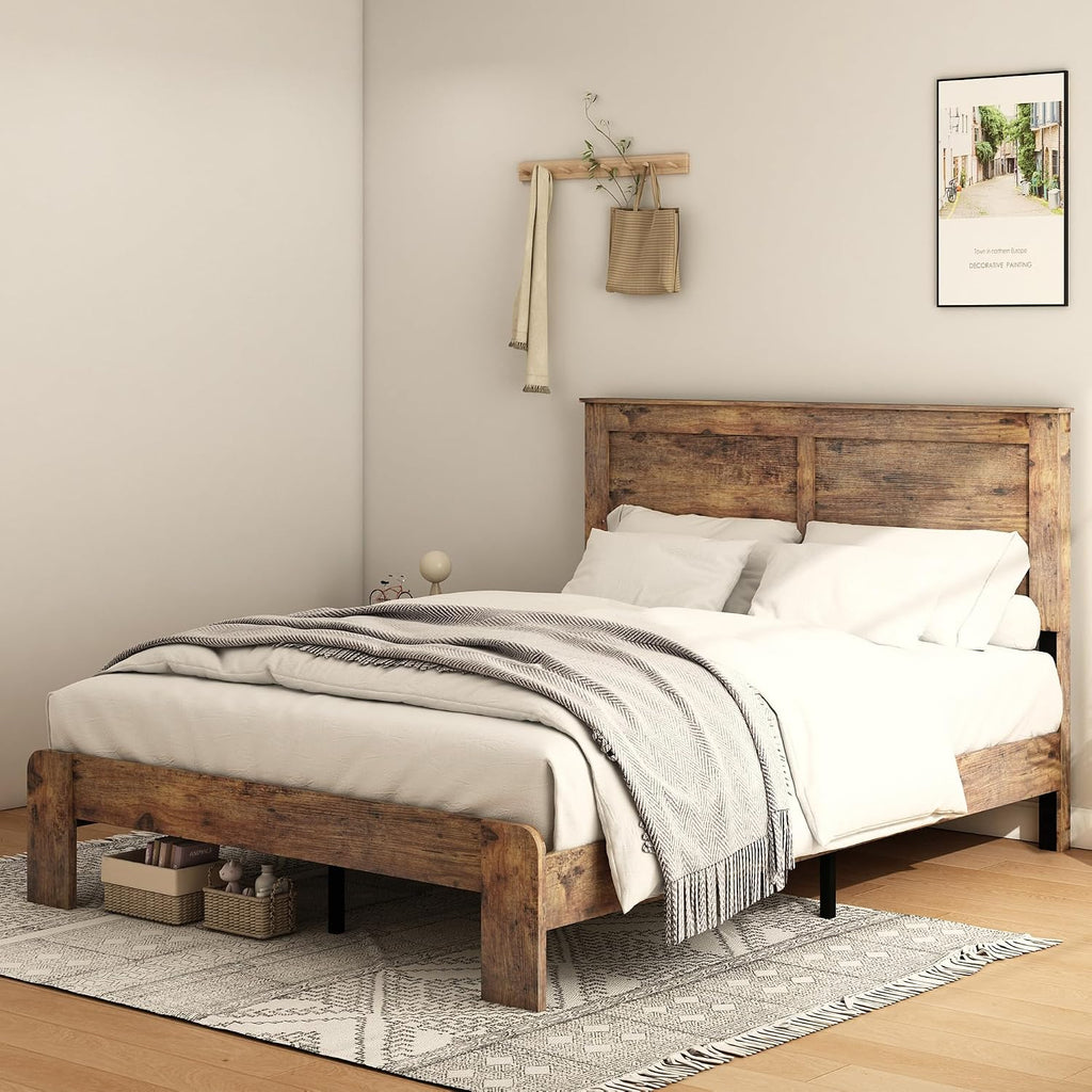 NNOOTK Full Size Bed Frame, Rustic Vintage Platform Bed Frame with Wood Headboard and Footboard, 12 Wood Slats Support, No Box Spring Needed (Dark Brown, Full)