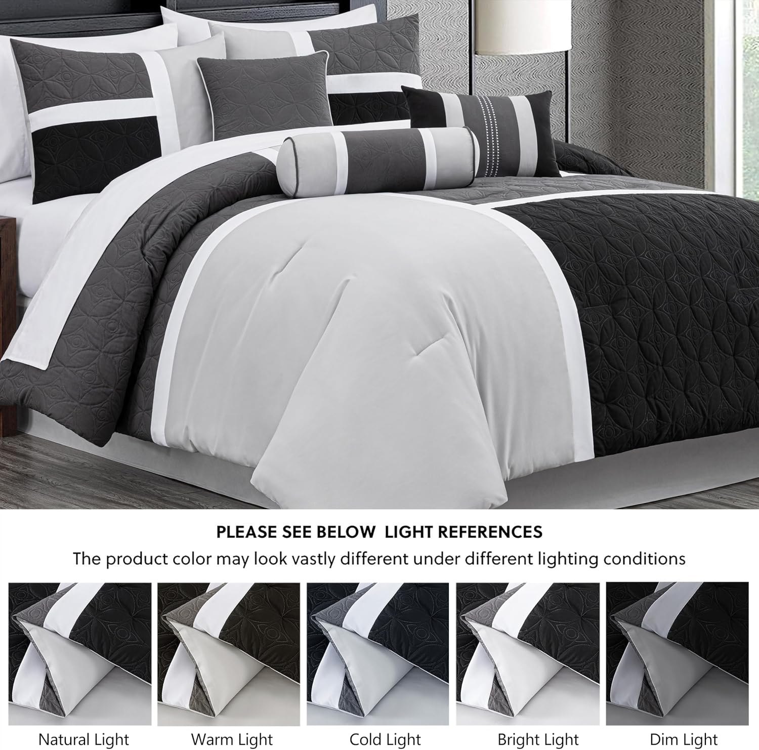 Chezmoi Collection Upland 7-Piece Quilted Patchwork Comforter Set, Black/Gray/Light Gray, Oversized King
