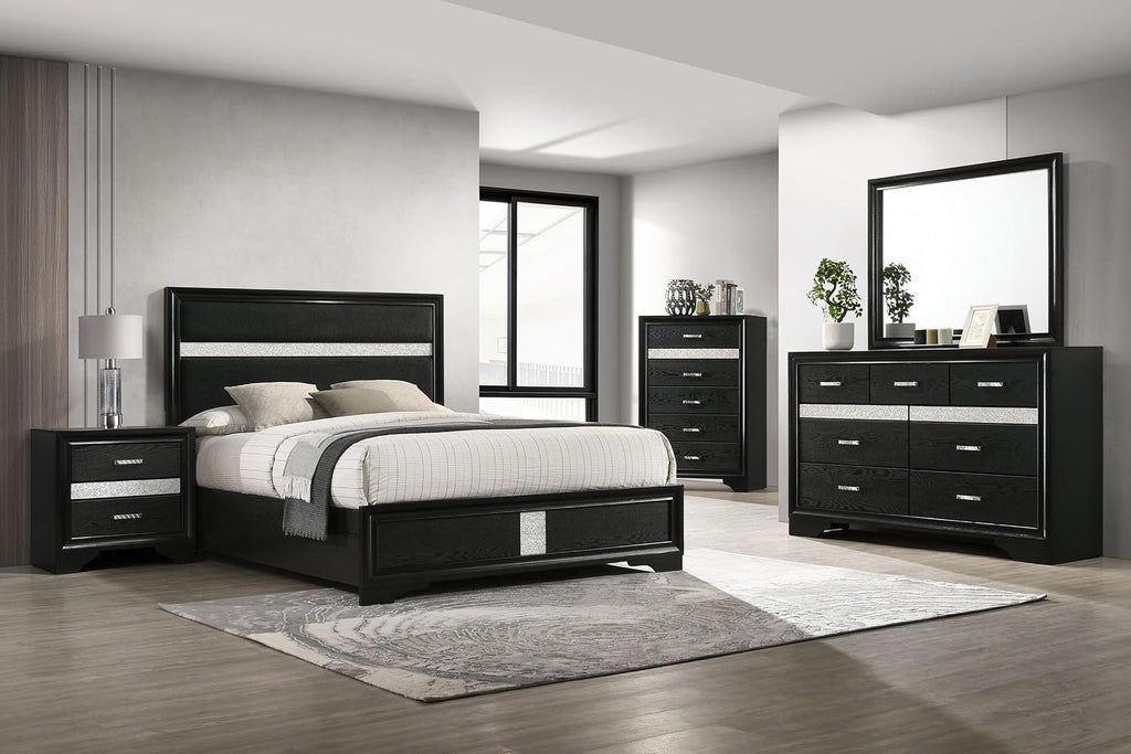 Coaster Home Furnishings Miranda Contemporary 5-Piece Bedroom Set Fabric Upholstered California King Size Panel Bed Frame 54-inch Headboard Black 206360KW-S5