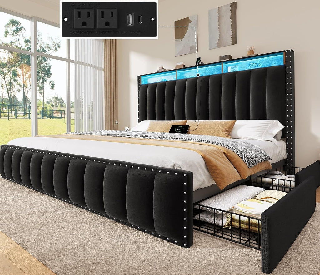 YITAHOME King Size Bed Frame with 4 Storage Drawers and RGB LED Lights, Velvet Upholstered Platform Bed with Charging Station and Bookcase Storage Headboard, No Box Spring Needed, Easy Assembly, Black
