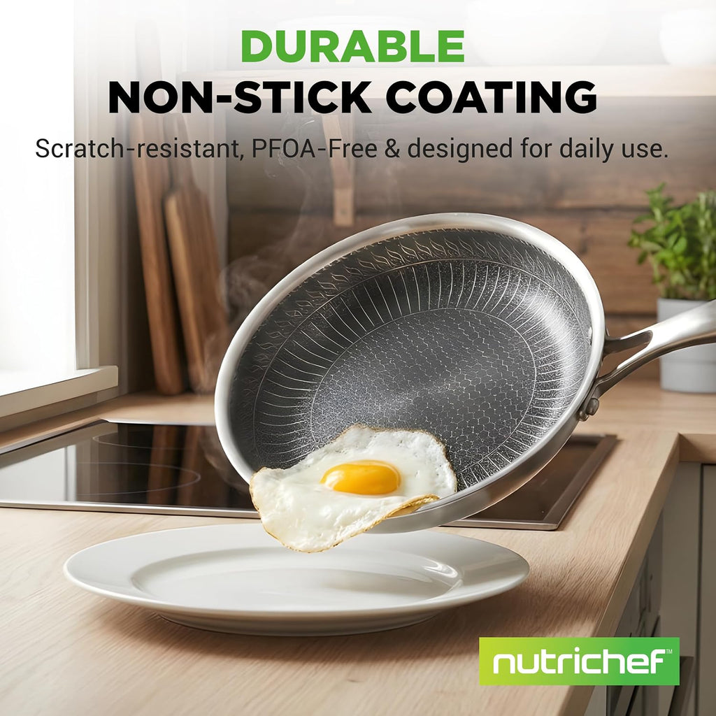NutriChef 6-Piece Tri-Ply Stainless Steel Frying Pan Set – 8', 10', 12' Non-Stick Skillets with Lids, Induction Compatible, Oven Safe, Scratch-Resistant, Dishwasher Safe