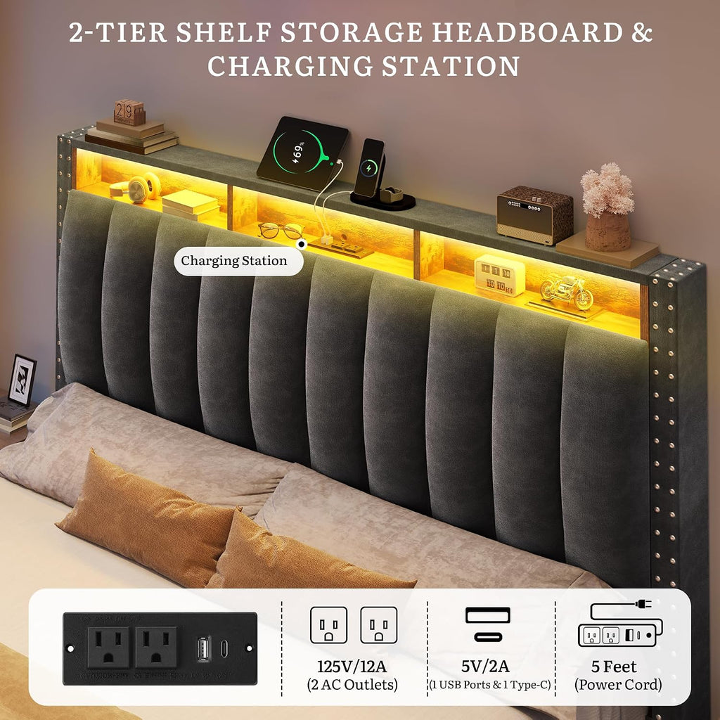 YITAHOME Queen Size Bed Frame with 4 Storage Drawers and RGB LED Lights, Velvet Upholstered Platform Bed with Charging Station and Bookcase Storage Headboard, No Box Spring Needed, Dark Grey