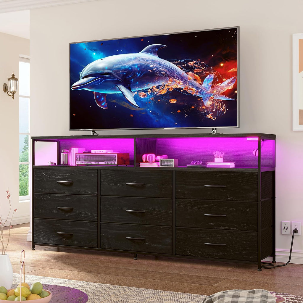 55'W Dresser for Bedroom with Charging Station & LED Light, 65/55/50 Inch TV Stand with 9 Fabric Drawers, Sturdy Dressers & Chest of Drawers with 2 Wood Open Shelves,Metal Frame,Black Oak Wood Look