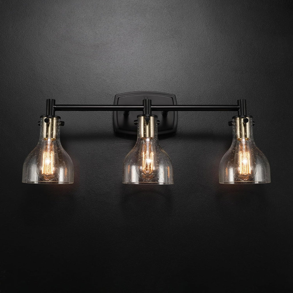 GLOBE Electric 63000062 5-Piece All-in-One Bathroom Set, Matte Black & Brass, 3-Light Vanity Light, Seeded Glass, Towel Bar, Toilet Paper Holder, Towel Ring, Robe Hook, Bathroom Lights Over Mirror