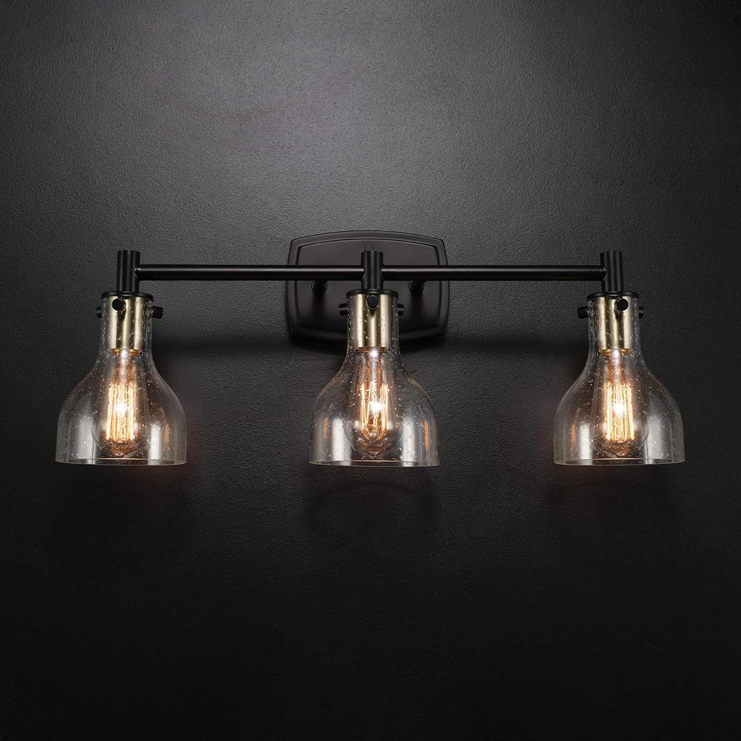 GLOBE Electric 63000062 5-Piece All-in-One Bathroom Set, Matte Black & Brass, 3-Light Vanity Light, Seeded Glass, Towel Bar, Toilet Paper Holder, Towel Ring, Robe Hook, Bathroom Lights Over Mirror