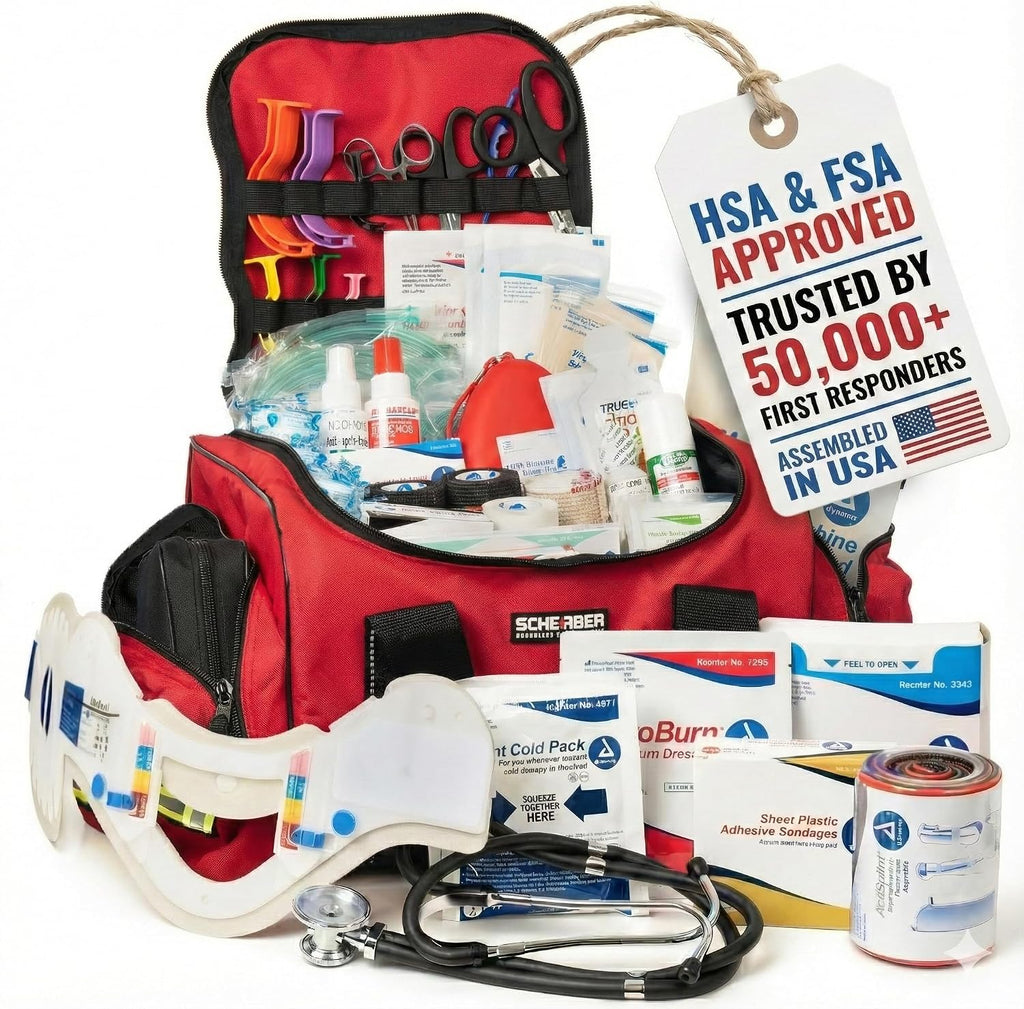 Scherber First Responder Fully-Stocked Large Professional Essentials EMT/EMS Trauma Kit | HSA/FSA Approved | Reflective Bag w/8 Zippered Pockets & Compartments & 250+ First Aid Supplies (Red)