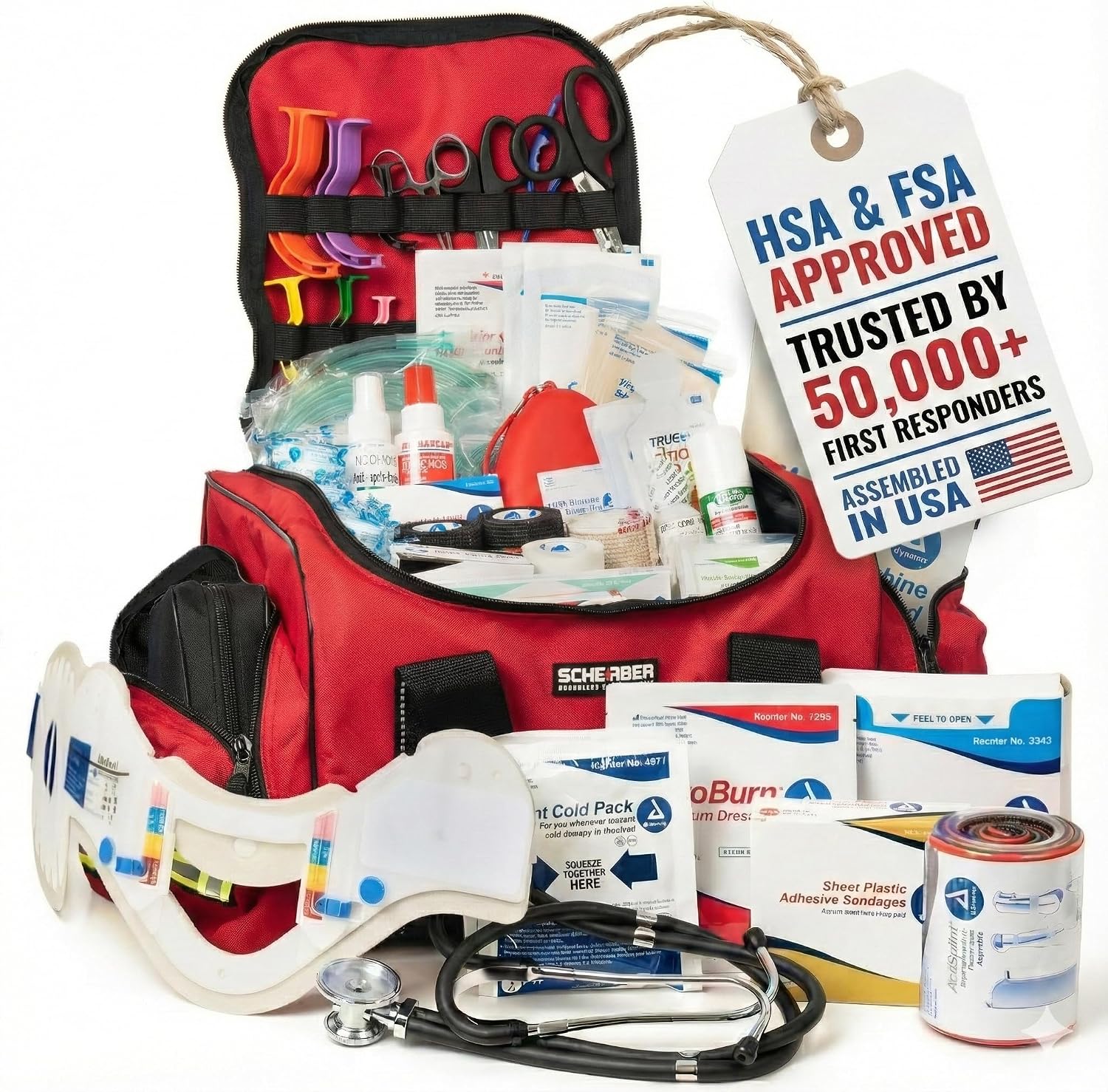 Scherber First Responder Fully-Stocked Large Professional Essentials EMT/EMS Trauma Kit | HSA/FSA Approved | Reflective Bag w/8 Zippered Pockets & Compartments & 250+ First Aid Supplies (Red)