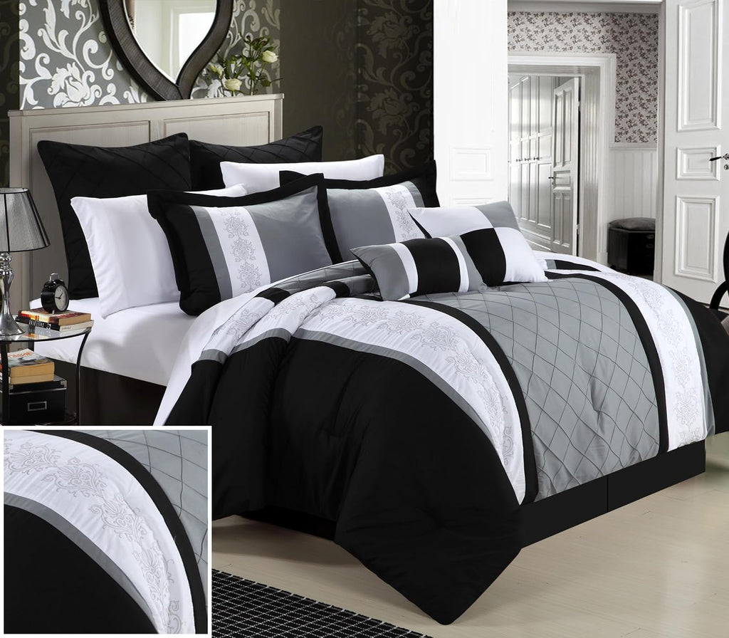 Chic Home 8-Piece Embroidery Comforter Set, Queen, Livingston Black