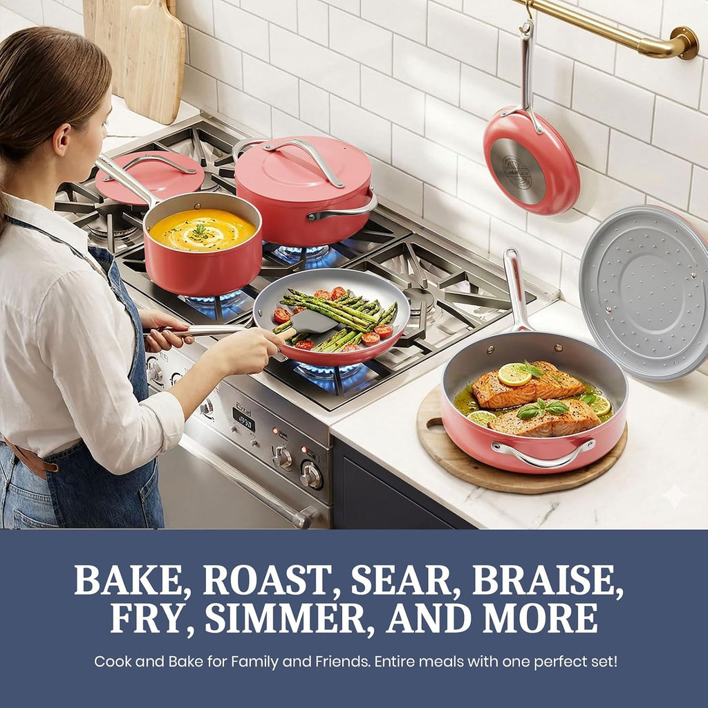 CookinCraze Ceramic Cookware Set, Pots and Pans Set Nonstick with Lid PFAS & PFOA Free, Induction Compatible Oven Safe Up to 500°F Even Heat Distribution, Fusion Red
