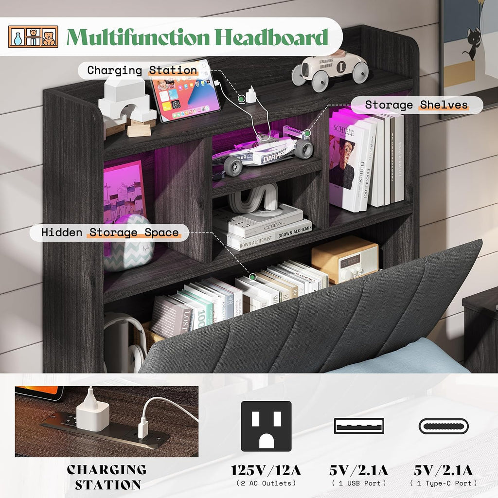 AMERLIFE Twin Bed Frame with 51.2' Tall Bookcase Headboard, Farmhouse Platform Bed with 4 Storage Drawers, Linen Upholstered, Charging Station & Storage, Rustic Black