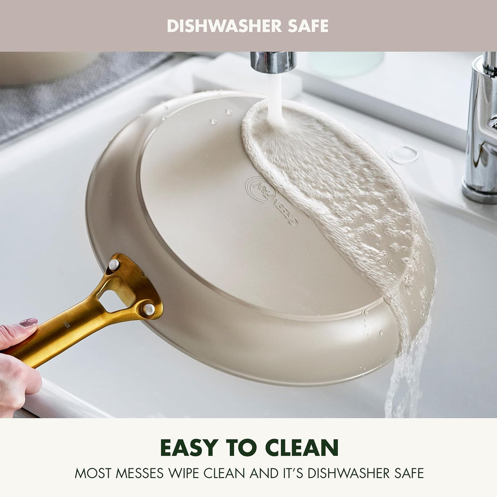 GreenPan Hard Anodized Healthy Ceramic Nonstick 10' and 12' Frying Pan Skillet Set, Gold Handle, PFAS-Free, Dishwasher Safe, Oven Safe, Taupe