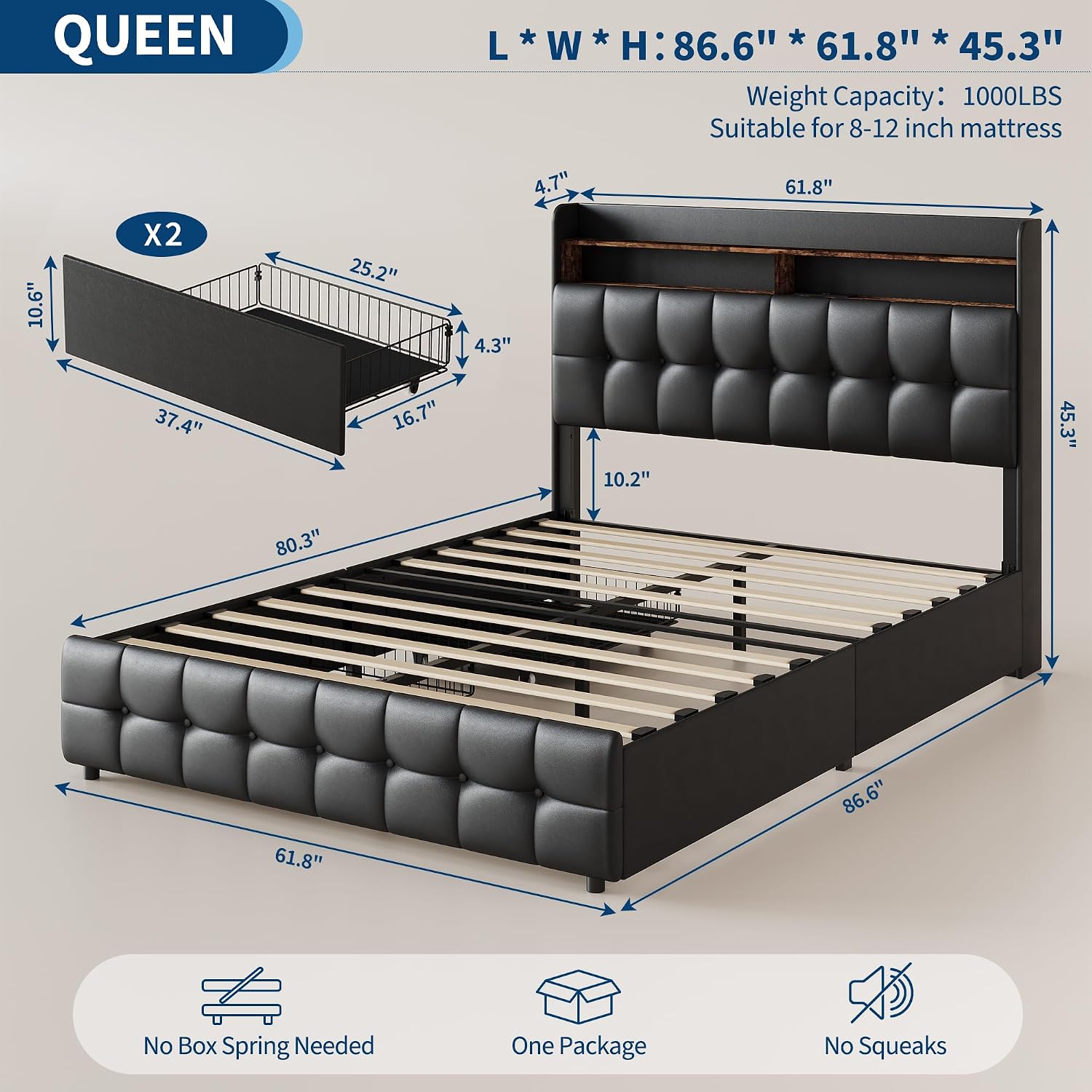 Garvee Queen Size Bed Frame with 2 Storage Drawers, Upholstered Bed Frame Queen with LED Light, Double-Layer Bedside Headboard with Charging Socket and USB Port, PU Leather, Black