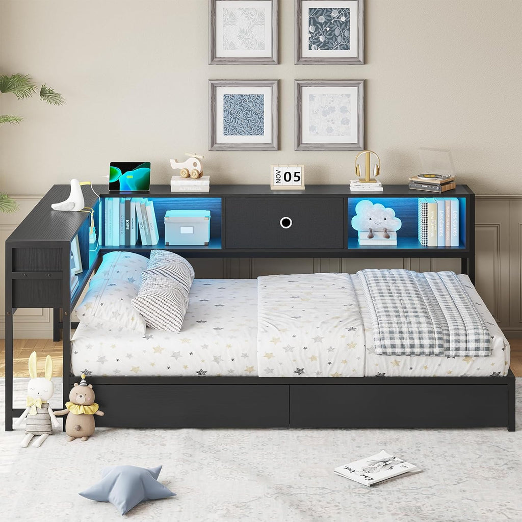 DICTAC Twin Corner Bed Frame with Bookcase Storage and Led Lights Twin Size Metal Platform Bed Frames with Storage Drawers and Charging Station Twin Size Daybed for Kids and Teen,Kids Bed Frame,Black