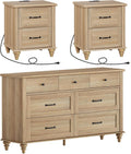 WAMPAT 3 Piece Bedroom Set - Includes 7 Drawer Dresser for Bedroom, Set of 2 Night Stands with Charging Station & Drawers, 3 Piece Dresser and Nightstand Sets, Oak