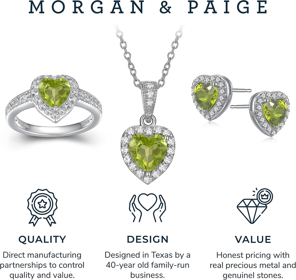 MORGAN & PAIGE .925 Sterling Silver Gemstones and White Sapphire Halo Heart Pendant Necklace, Ring and Stud Earrings for Women Set - Birthstone Jewelry Sets for Women, 18in Cable Chain, Size 7 Ring