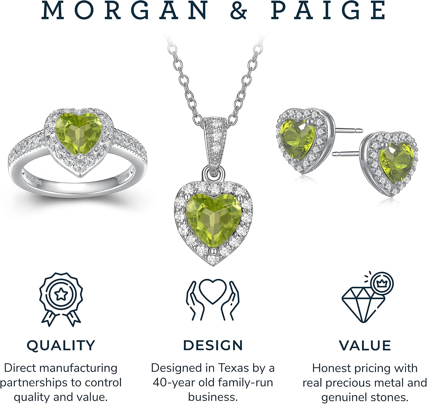 MORGAN & PAIGE .925 Sterling Silver Gemstones and White Sapphire Halo Heart Pendant Necklace, Ring and Stud Earrings for Women Set - Birthstone Jewelry Sets for Women, 18in Cable Chain, Size 7 Ring