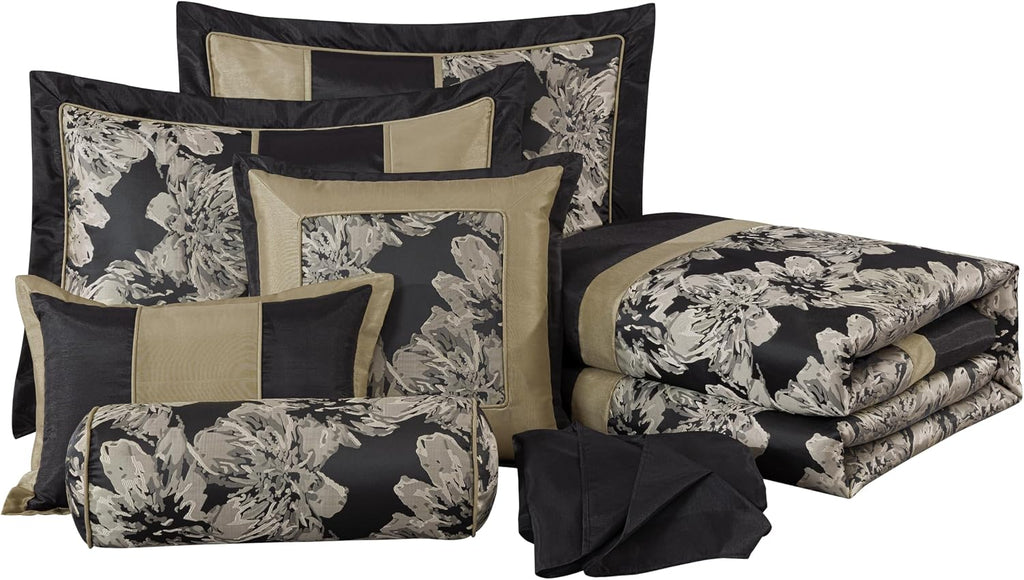 Chezmoi Collection Cameron Comforter Set King Size, 7-Piece Black Gold Hibiscus Floral Jacquard Bedding Set