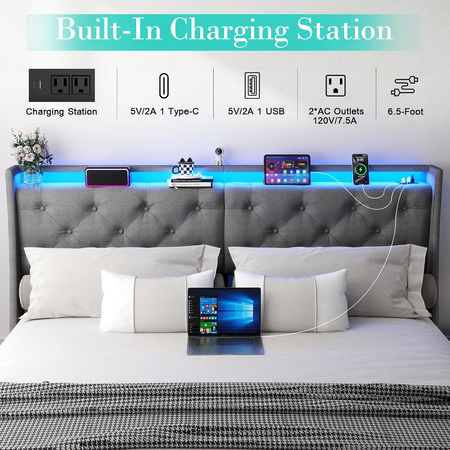 Doltoro King Size Platform Bed Frame with 4 Storage Drawers and LED Headboard, Upholstered King Metal Bed with Charging Station, No Box Spring Needed, Easy Assembly, Gray