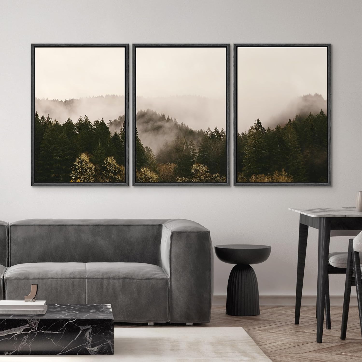 SIGNWIN 3 Piece Framed Canvas Wall Art Brown Foggy Mountains Nature Wilderness Photography Abstract Rustic Canvas Prints Home Artwork Decoration for Living Room,Bedroom - 16'x24'x3 Panels