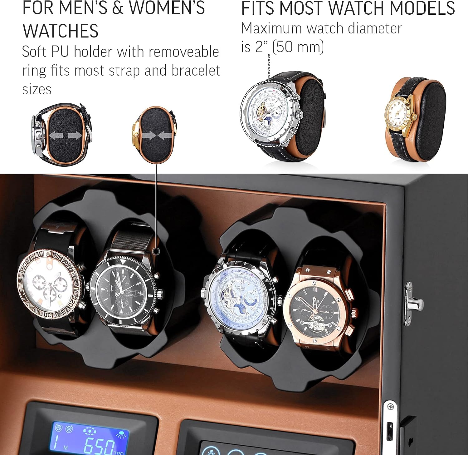 4 Watch Winder with 5 Watch Storage Space, LCD Display, Touch Control and Interior Light