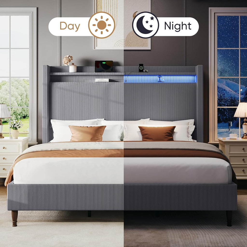 King Bed Frame with 55.3' Tall Headboard, Corduroy Upholstered Platform Bed with LED Lights & Charging Station, Wingback Storage Headboard, Solid Wood Slats,Noise Free,No Box Spring Needed,Dark Grey
