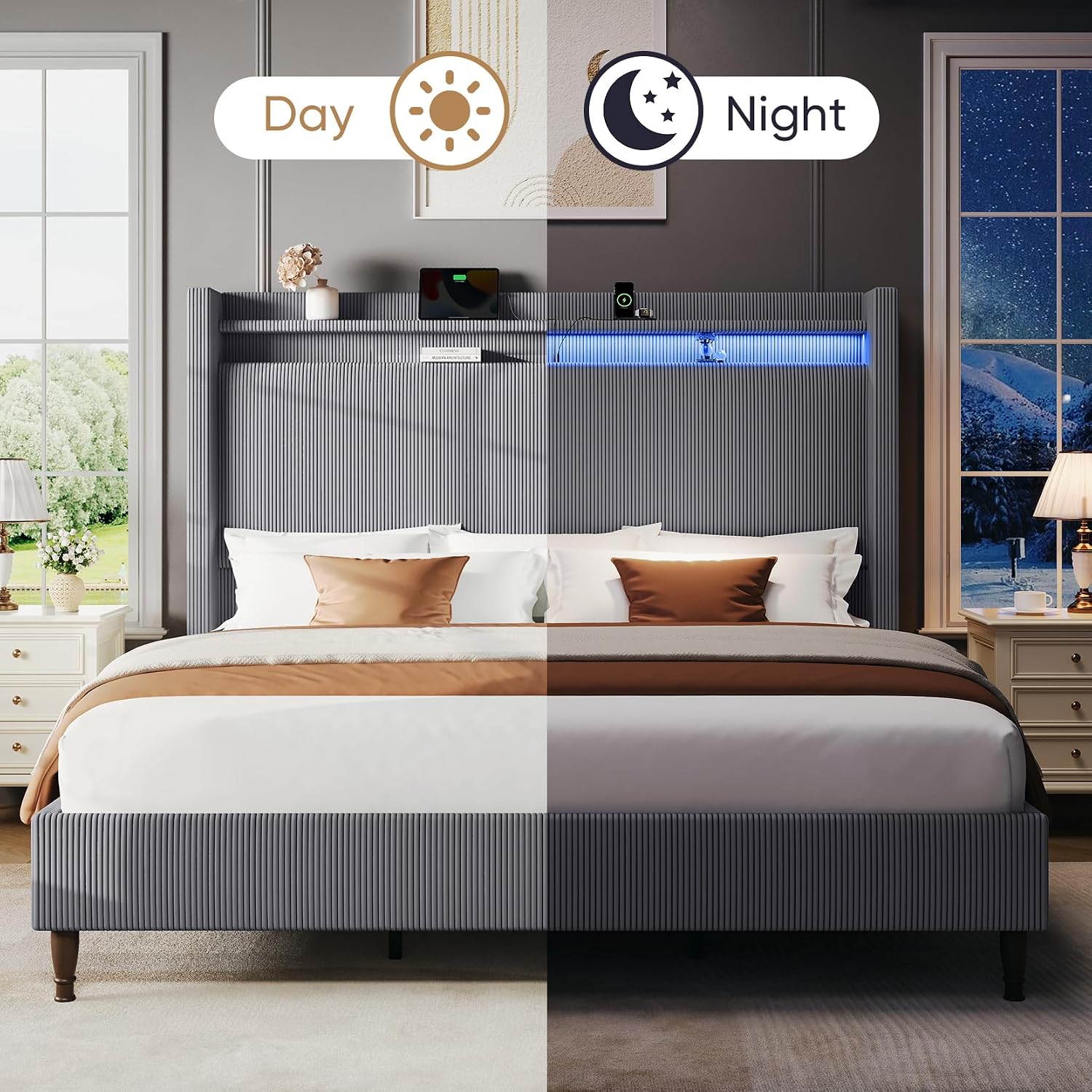 King Bed Frame with 55.3' Tall Headboard, Corduroy Upholstered Platform Bed with LED Lights & Charging Station, Wingback Storage Headboard, Solid Wood Slats,Noise Free,No Box Spring Needed,Dark Grey