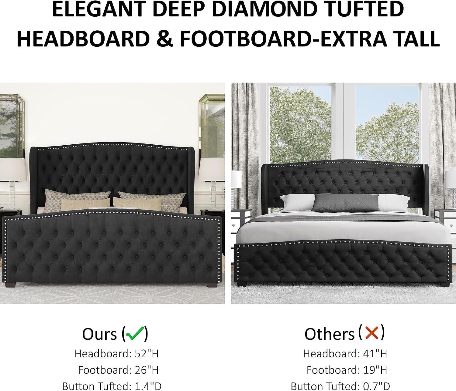 AMERLIFE California King Size Platform Bed Frame, Velvet Upholstered Bed with Deep Button Tufted & Nailhead Trim Wingback Headboard/No Box Spring Needed,Black