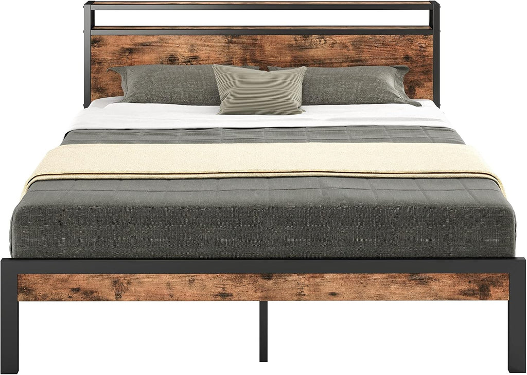 LIKIMIO Full Size Bed Frame, Platform Bed with 2-Tier Storage Headboard, Solid and Stable, Noise Free, No Box Spring Needed, Easy Assembly, Vintage Brown