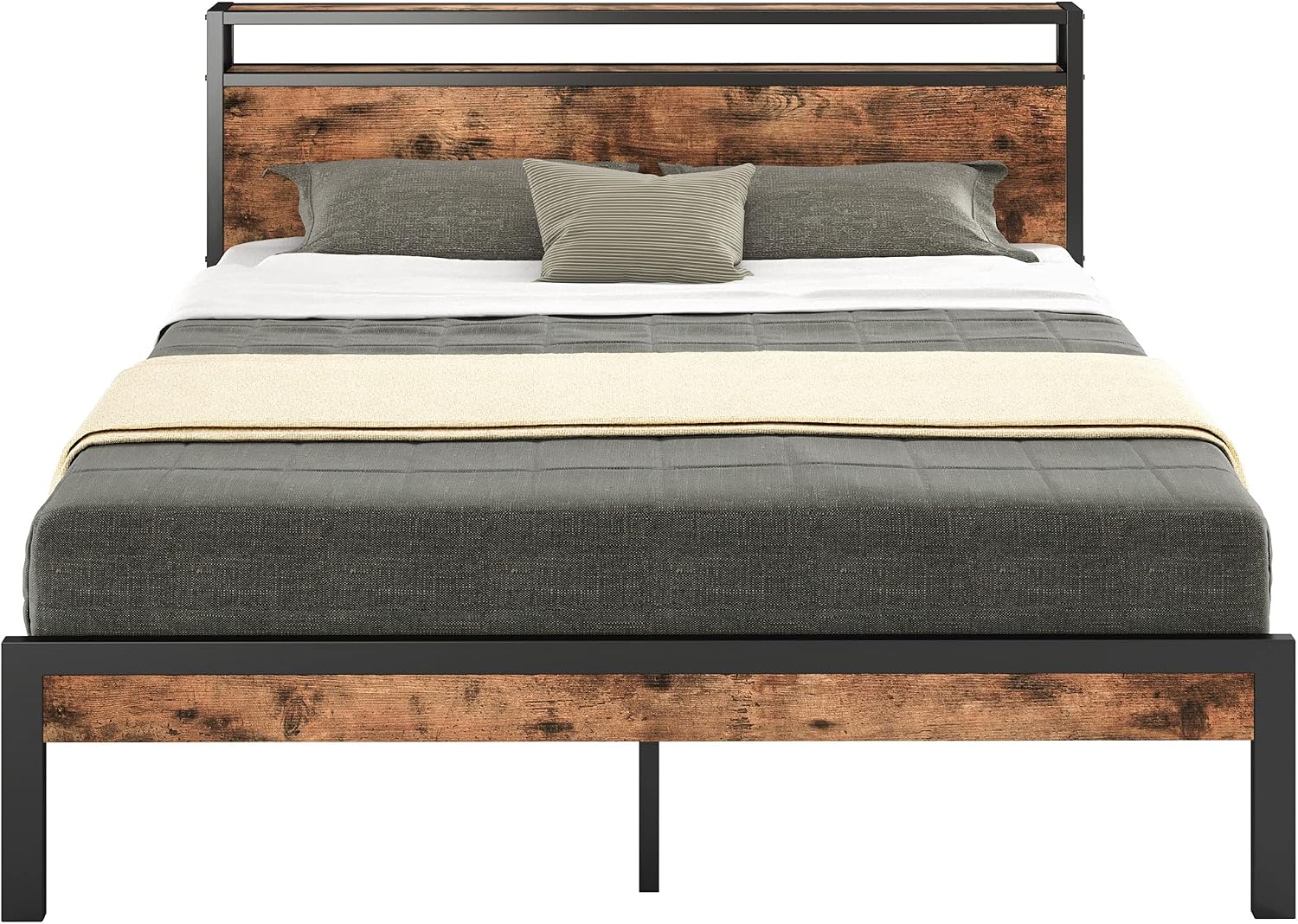 LIKIMIO Full Size Bed Frame, Platform Bed with 2-Tier Storage Headboard, Solid and Stable, Noise Free, No Box Spring Needed, Easy Assembly, Vintage Brown