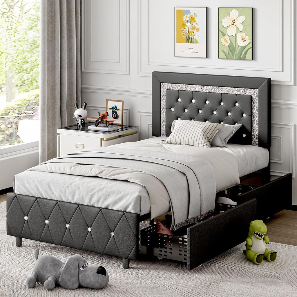 BarnFurin Twin Bed Frames with LED Lights and Storage Drawers, Upholstered Bed Frame with Diamond Headboard, Faux Leather Modern Platform Bed, Wooden Slats Support, No Box Spring Needed, Black