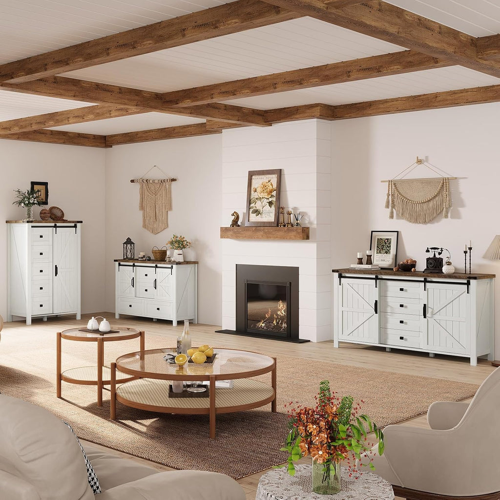 AMERLIFE 2PCS Farmhouse Dresser Set with Sliding Barn Doors, 47' Wide 4-Drawer Dresser & 5-Drawer Tall Chest of Drawers, Bedroom Storage Organizer, Distressed White