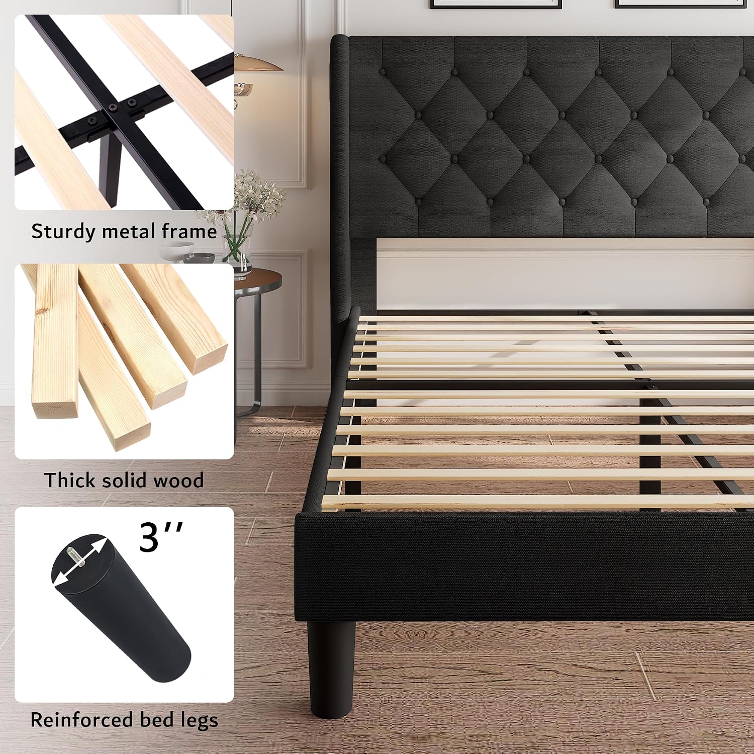 iPormis King Size Platform Bed Frame with Button Tufted Headboard, Upholstered Bed Frame with Solid Wooden Slats, 8' Underbed Space, No Box Spring Needed, Noise Free, Easy Assembly, Black